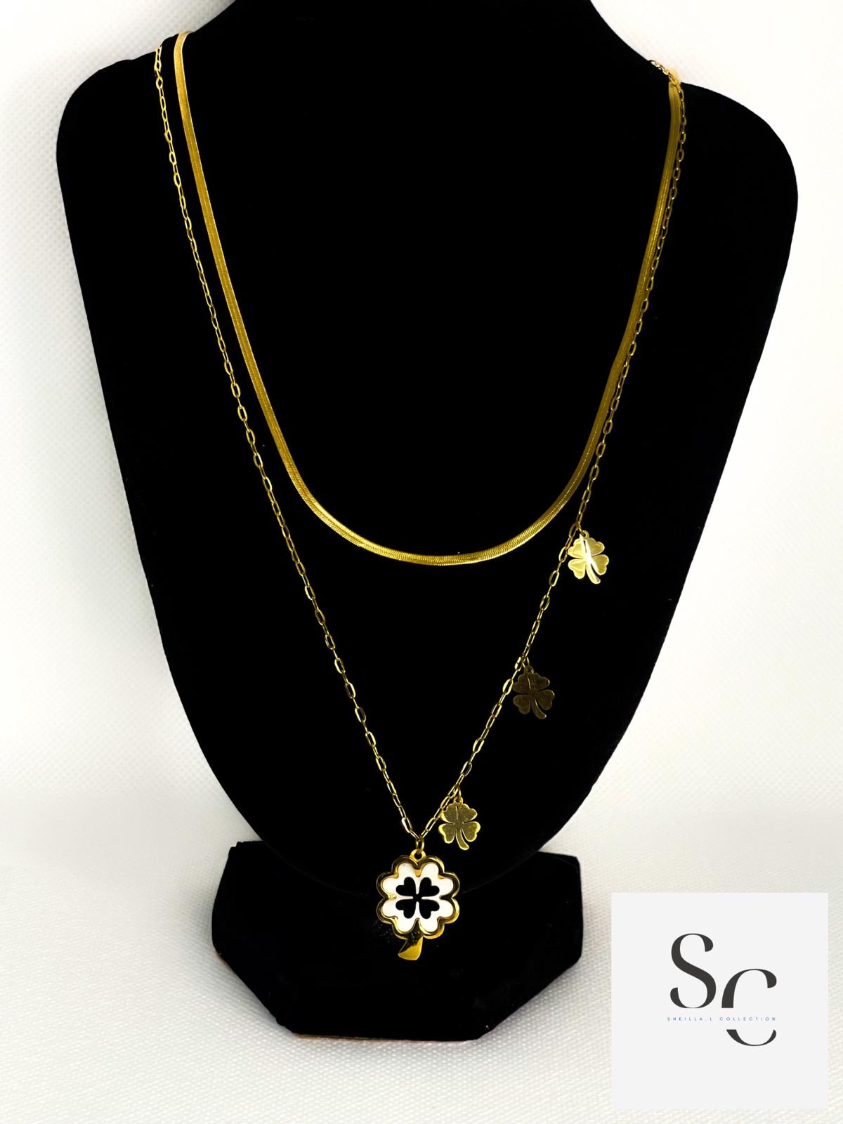 18K Gold Double Clover Layered Necklace