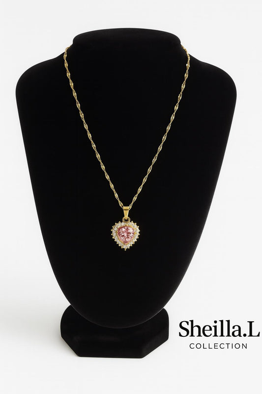 18K Gold Pink Heart Pendant Necklace