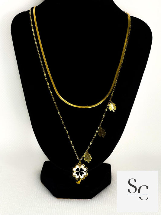 18K Gold Double Clover Layered Necklace