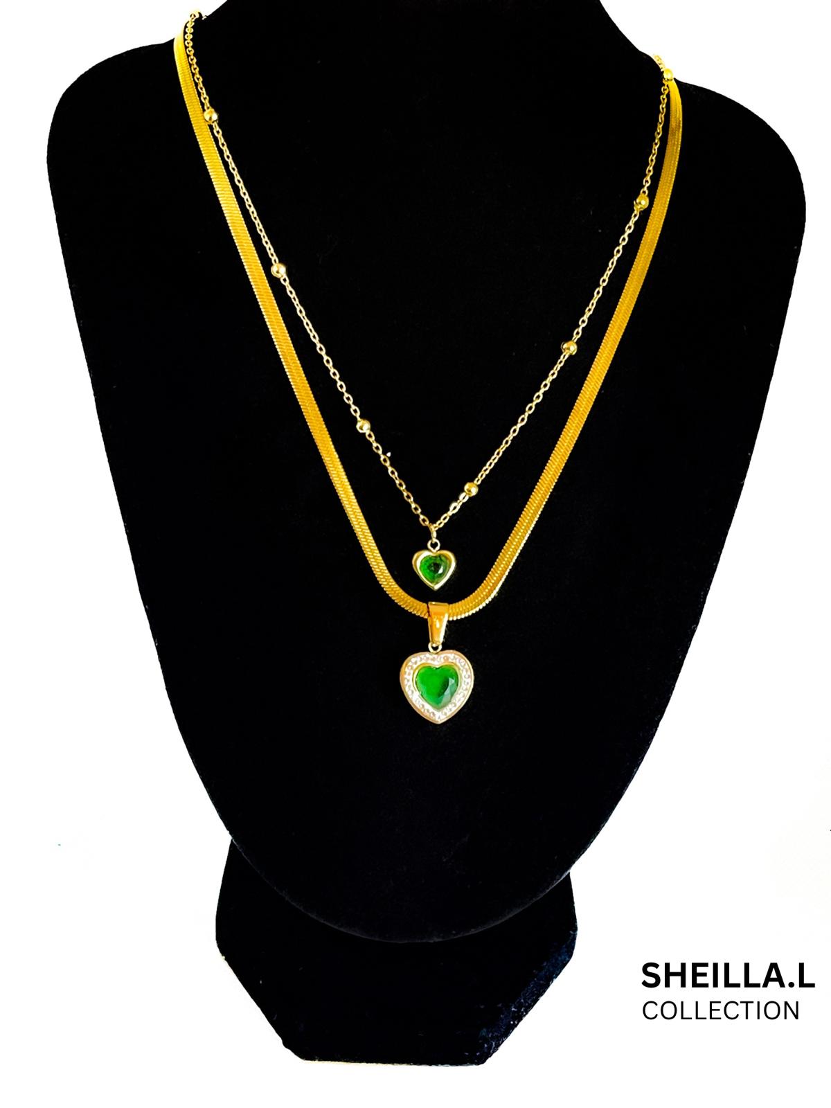 18K Gold Layered Necklace with Green Heart Pendant