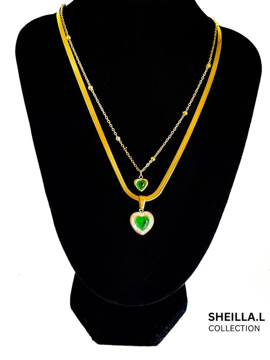 18K Gold Layered Necklace with Green Heart Pendant