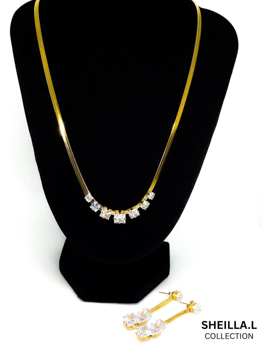 Gold Flat Chain Necklace & Crystal Earring Set