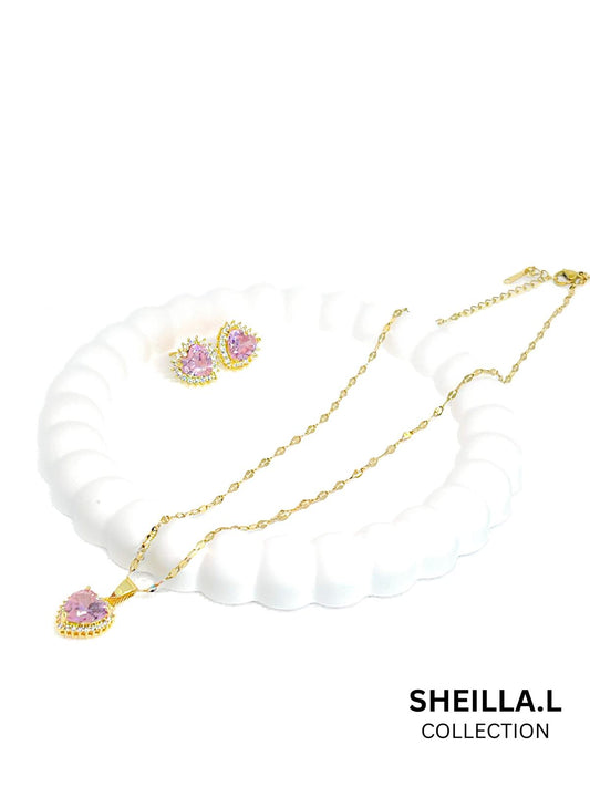 Pink Tear Drop Crystal Necklace & Earring Set
