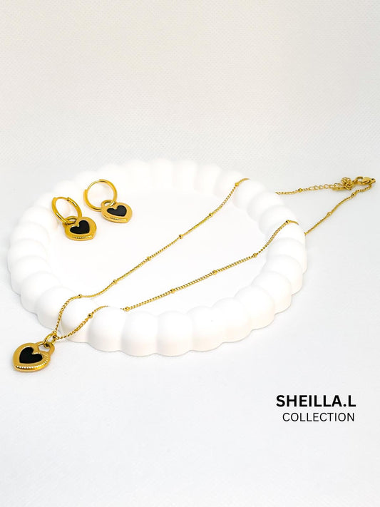 Black Heart Pendant Necklace & Hoop Earring Set