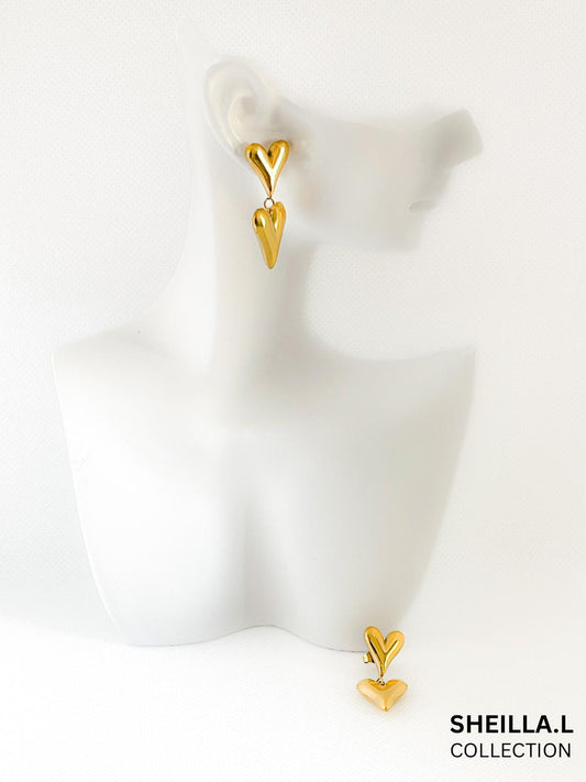 18k Gold Double Heart Drop Earrings
