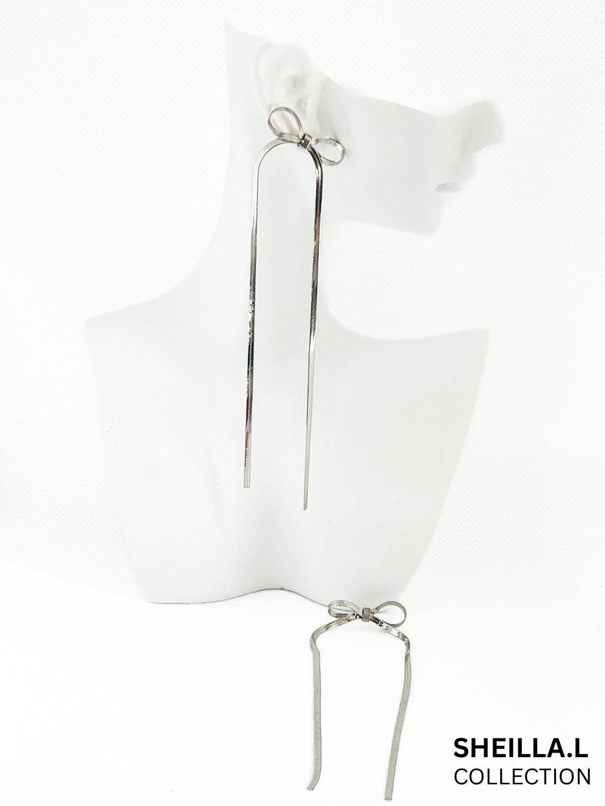 Long Silver Bow Dangle Earrings