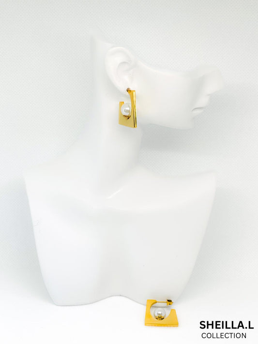 18k Gold Plated Square Pearl Stud Earrings