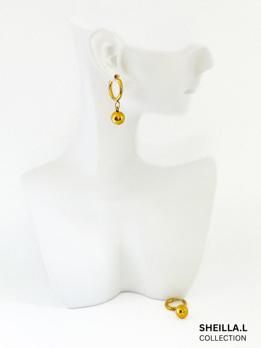 18K Gold Minimalist Ball Drop Hoop Earrings - Stainless Steel