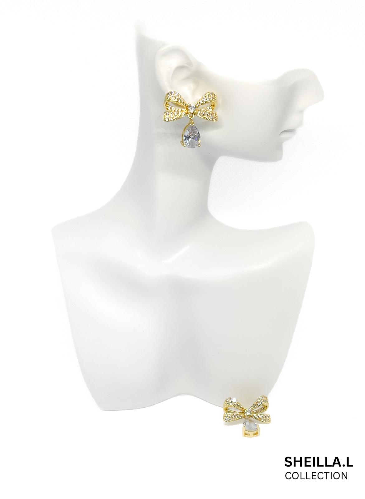 Golden Bow Crystal Drop Earrings