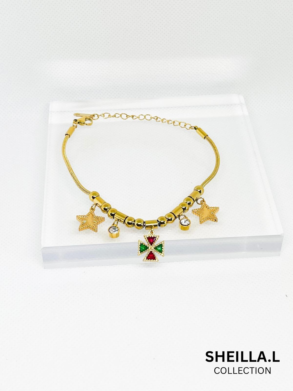 Gold-Plated Star & Cross Charm Bracelet – Stainless Steel