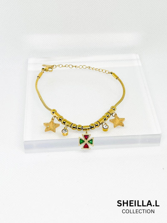 Gold-Plated Star & Cross Charm Bracelet – Stainless Steel