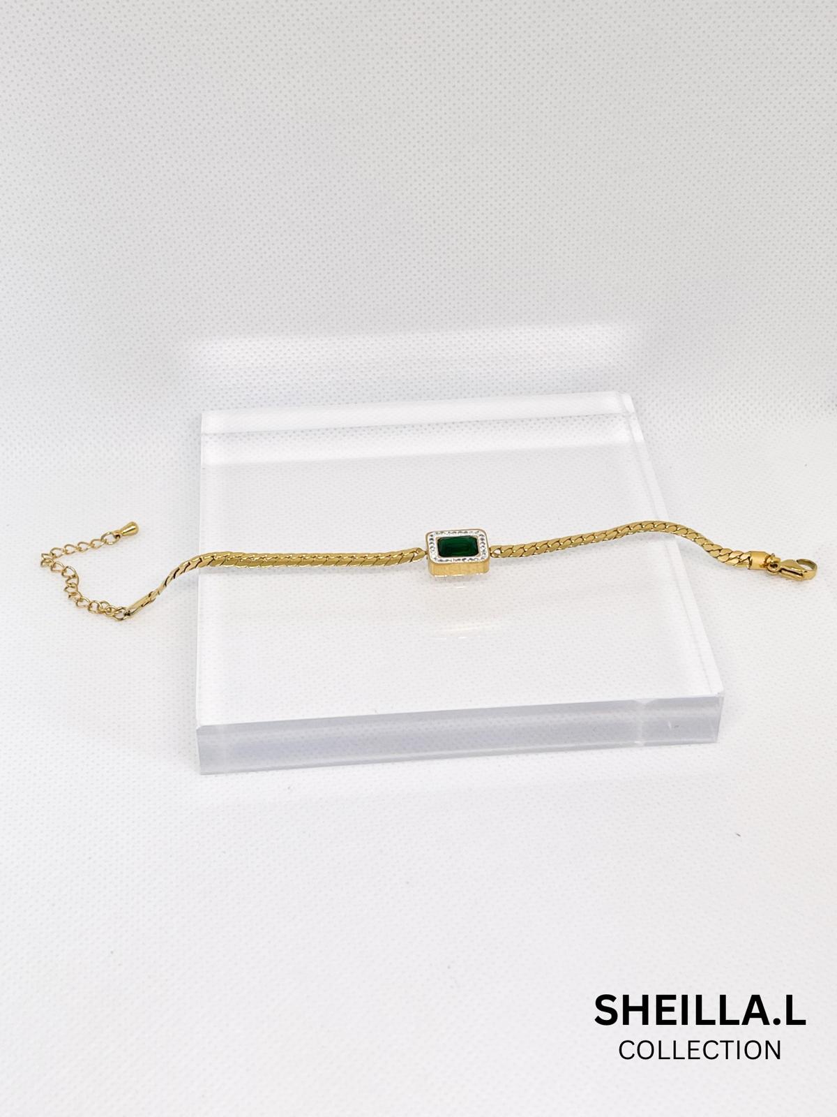Elegant Green Stone 18k Gold-Plated Stainless Steel Bracelet