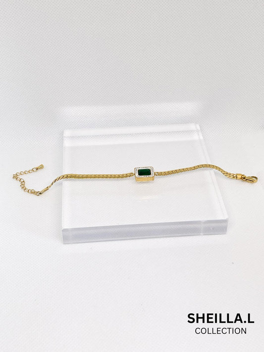 Elegant Green Stone 18k Gold-Plated Stainless Steel Bracelet