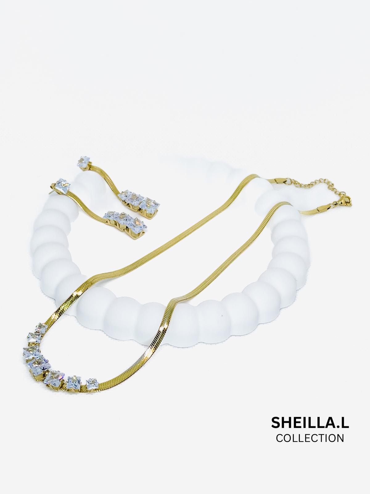 Gold Flat Chain Necklace & Crystal Earring Set