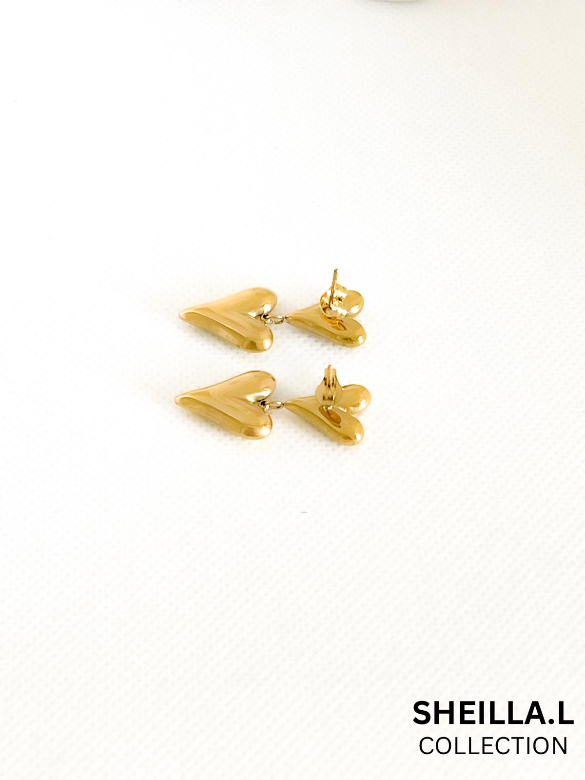 18k Gold Double Heart Drop Earrings