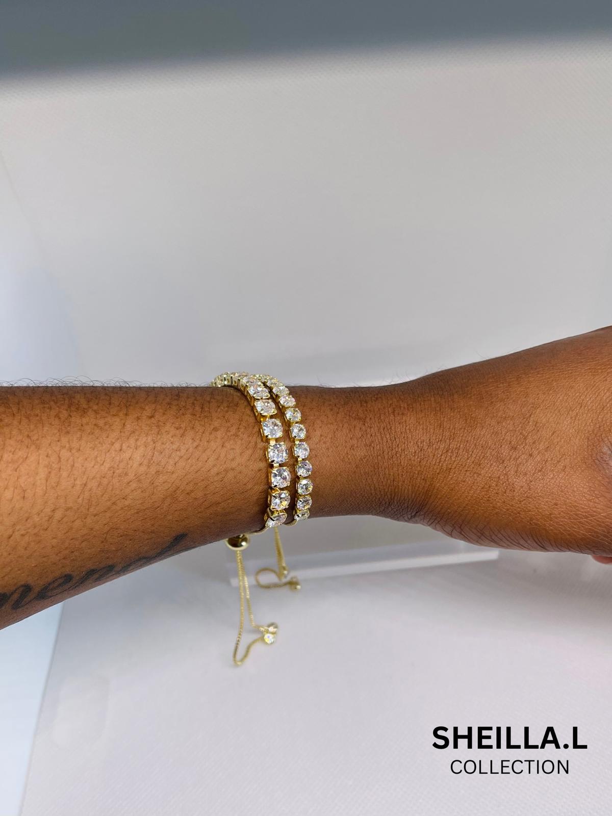 Double Row Crystal Adjustable 18k Gold-Plated Stainless Steel Bracelet