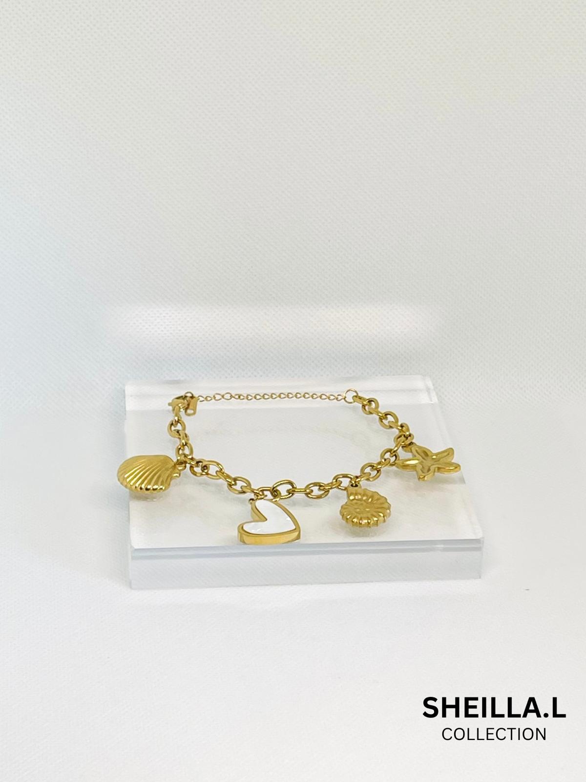 Gold-Plated Seashell & Heart Charm Bracelet – Stainless Steel