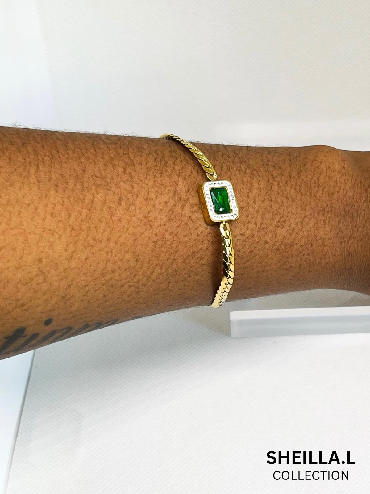 Elegant Green Stone 18k Gold-Plated Stainless Steel Bracelet